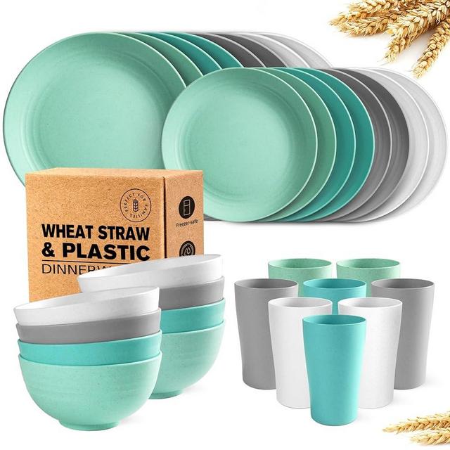 Teivio 32-Piece Kitchen Plastic Wheat Straw Dinnerware Set, Service for 8, Dinner Plates, Dessert Plate, Cereal Bowls, Cups, Unbreakable Plastic Outdoor Camping Dishes Decor, Turquoise Ombre