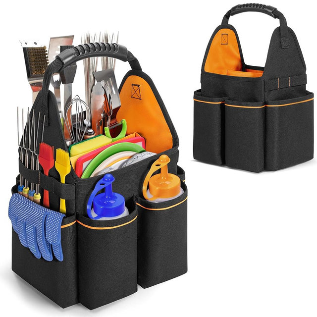 HODRANT Grill Utensil Storage Bag, Portable BBQ Tool Caddy with Divider & Boards, Large Grilling Tool Box with Pockets & Handle, Outdoor Barbecue Accessories Case for Camping & Kitchen, Bag Only