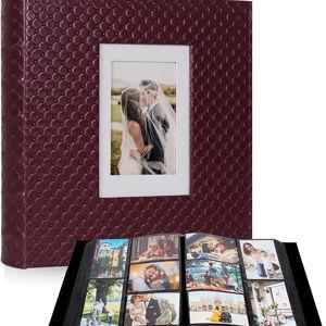 RECUTMS Large Capacity Photo Album 4x6, 600 Photos PU Leather Picture Album with Black Pages, Horizontal & Vertical Pockets, Clear Sleeves Memory Book for Family, Travel, Wedding & Gift (Red Wine)