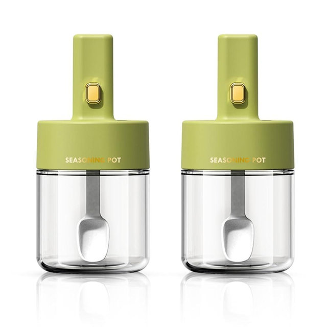Zulzifs Kitchen Glass Seasoning Box 2 pcs, Condiment Pots Spice Jars with Spoons, Salt Jar Set for Sugar Pepper for Kitchen Counter for Kitchen Counter Food Storage 9.3oz/275 ml (Green)