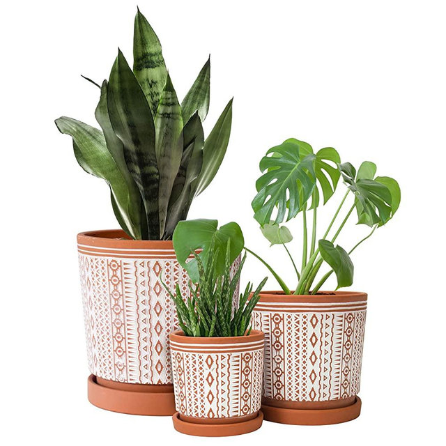 Set of 3, Totem Design Planter Pot, 4.7 Inch, 6.5 Inch and 8.6 Inch, Pot with Drainage Hole and Saucer, Pottery Red/White, 35-958-A-1