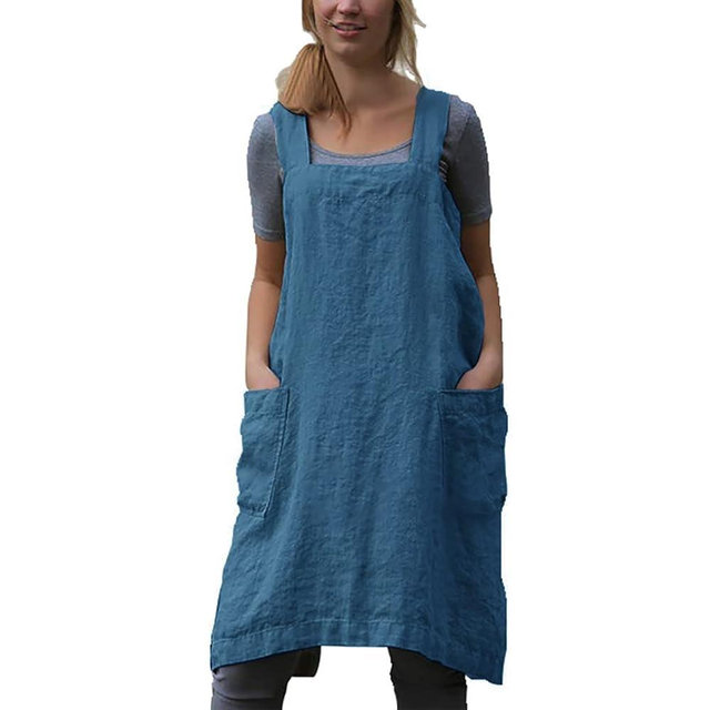 Stomeshle Japanese Aprons Plus Size Smock for Women with Pockets Cross Back Pinafore Dress Apron Baking Cooking Gardening