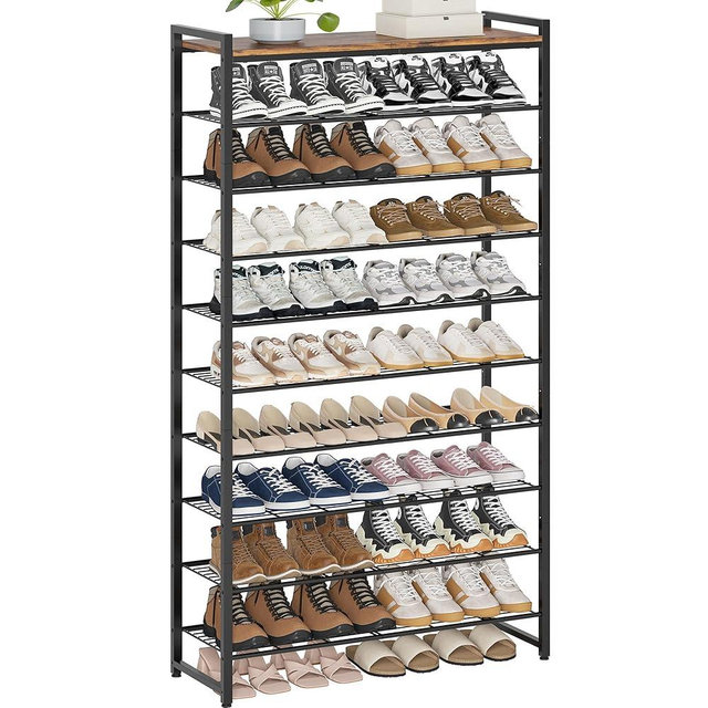 Larzonic 10 Tier Shoe Rack Organizer for 40-50 Pairs, Tall Metal Shoe Storage Shelf with Wood Top, Adjustable Boot Space, Narrow Design for Entryway Closet,Rustic Brown and Black