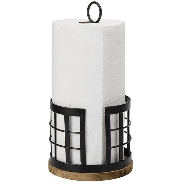 MyGift Rustic Brown Wood and Black Metal Wire Paper Towel Roll Holder Stand with Top Ring Handle