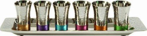 Yair Emanuel - Kiddush Cup Goblet Set of 6 Small Kiddush Cups and Tray Nickel Hammerwork Multicolor (GA-2)