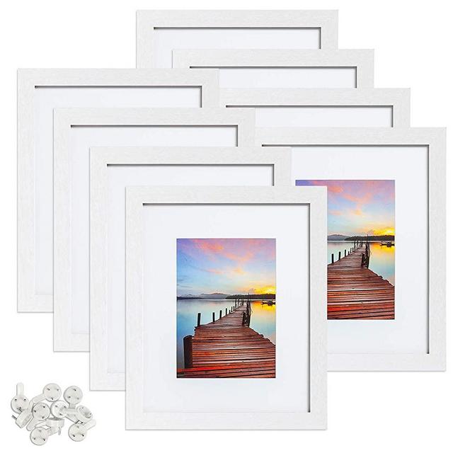 Sindcom 8x10 Picture Frame, White Wood Textured Photo Frames Collage, Display Photos 5x7 with Mat or 8x10 Without Mat, Mounting Hardware Included, for Wall or Tabletop Display, Set of 8