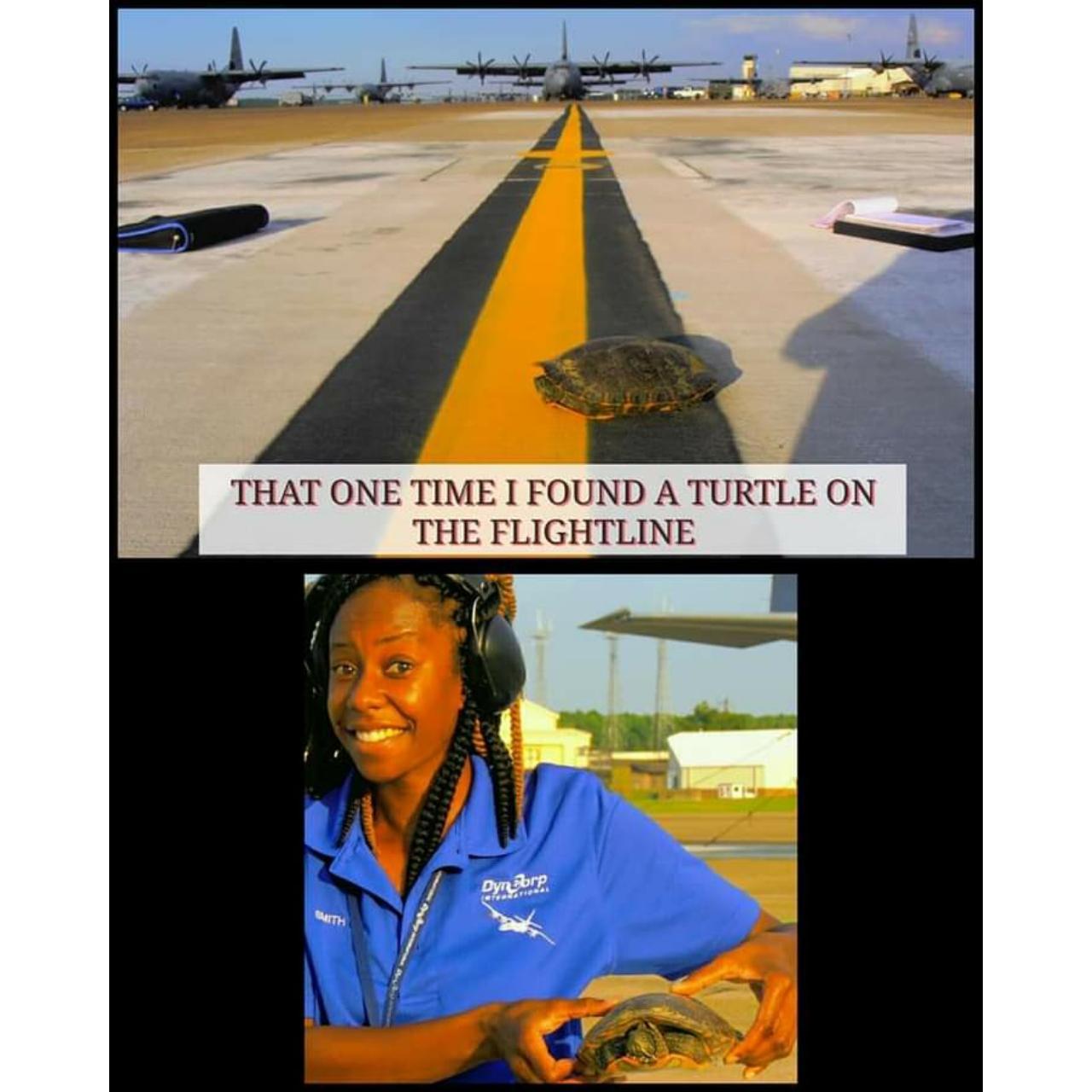 2018: The day Holly found a turtle on the flight line while out inspecting. She used this photo to create Safety Bulletin to encourage Mechanics to keep the planes & flight line free of debris.