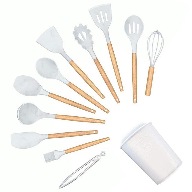DXD Silicone Wooden Handle Kitchen Utensils 12 pcs, Wooden Handles Gray Kitchenware Tools Set for Nonstick Cookware BPA Free, Heat-resistant Cookware Kitchen Utensils (Marble)