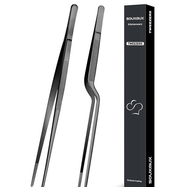 10-inch Cooking Tweezer and Offset Tweezer Set, Tongs Precision Serrated Tips, Stainless Steel Professional Chef Tweezer Kitchen Tools for BBQ, Plating and Serving