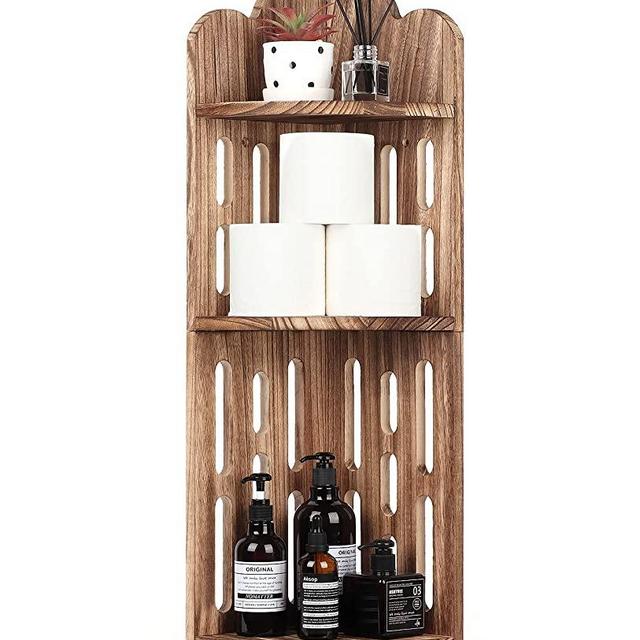Meangood Bathroom Corner Shelf Stand, 3 Tier Solid Wood Display Shelf for Narrow Space, Shower Corner Shelf, Plant Stand Nightstand, for Living Room, Bedroom, Home Office, Elegant Carbonized Black