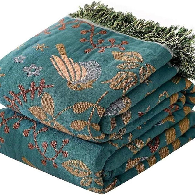 Ffdshc Floral and Bird Summer Boho Throw Blanket for Bed,100% Cotton Reversible Rustic Quilt 60"x80",Soft Cozy Farmhouse Muslin Decorative Blankets for All Season, for Sofa, Couch Chair，Travel