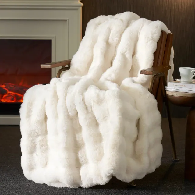 Luxe Faux Fur Throw Blanket Cozy Bubble Texture for Sofa, Bedroom, or Living Room, Cream White-Amelie Home