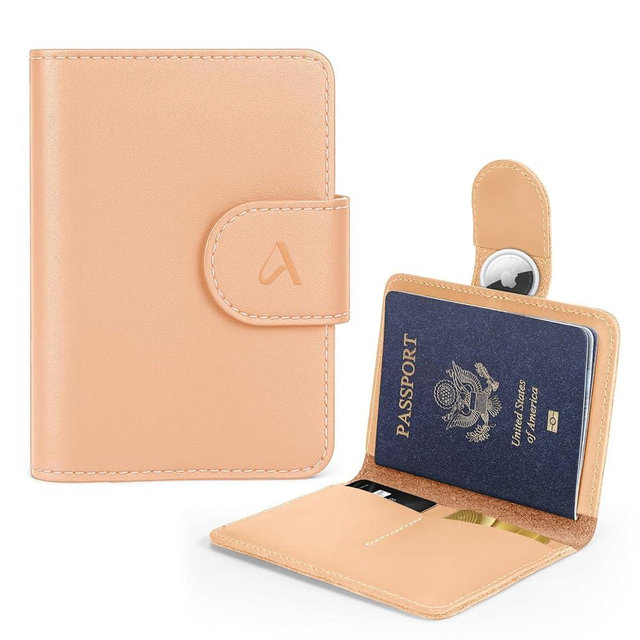 ALLIVE Genuine Leather Passport Holder, Rfid Passport Holder for Travel with AirTag Hidden, Passport Cover Wallet Travel Must Haves Airport Essentials, Passport Cover Travel Gifts (Beige)