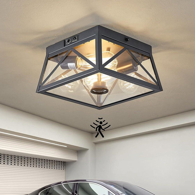 Tarentlight Adjustable Outdoor Motion Sensor Ceiling Light,10" Modern Industrial Design of Squares Flush Mount 2-Light with Clear Glass for Your Porch,Garage,Patio,Hallway,Entryway