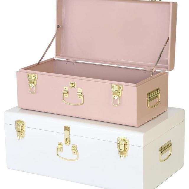Vixdonos Metal Trunk Decorative Storage Box Set of 2 College Dorm Chest with Handle (Pink and White)