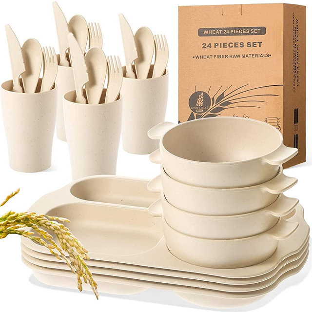 24 Pcs Wheat Straw Dinnerware Set Cutlery Set Including Unbreakable Divided Plates Microwave Dishwasher Safe Bowl Unbreakable Tableware Straw Cutlery Spoon Knife Fork Cup(Beige)