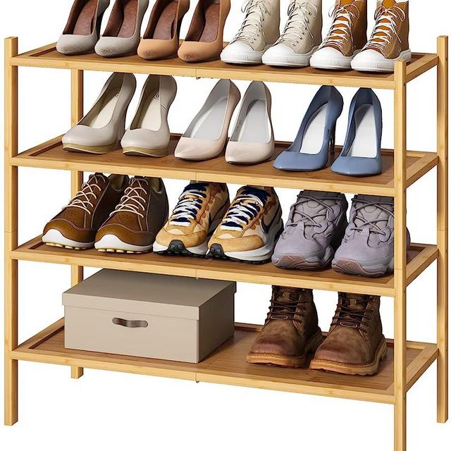 kiplant 4-Tier Shoe Rack for Entryway, Bamboo Wood Shoe Rack 4-Tier, Stackable Shoe Organizer for Closet, Free Standing Shoe Racks for Indoor & Outdoor