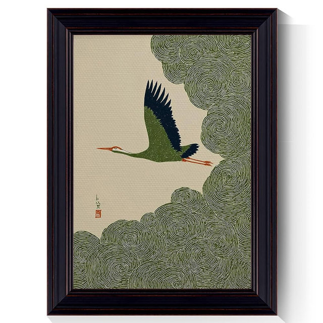 Japanese Framed Canvas Wall Art, Vintage Crane In Swirling Cloud Skies Poster, Woodblock Style Green Japandi Wall Decor, Nature Serene and Bird Print Painting for Bedroom Living Room 24x36in