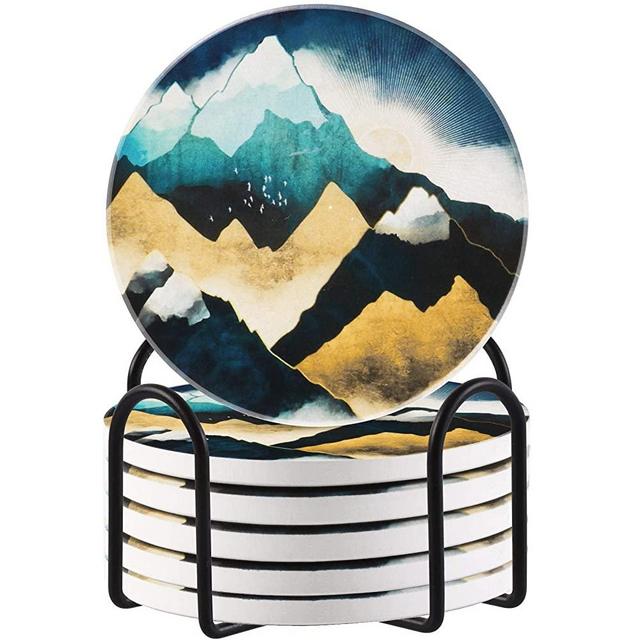 Lahome Coasters for Drinks, Sunrise Mountains Absorbent Coasters with Holder,Set of 6 Blue Gold Ceramic Round Stone Coasters with Cork Base for Coffee Table Cups Room Decor Outdoor, 4 inch