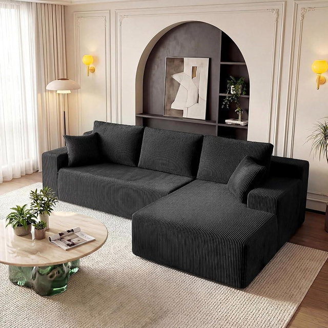 GRUSIGN Cloud Sectional Boneless Couches for Living Room, Modular L Shaped Couch with Deep Seat Oversized Right Facing Chaise, Memory Foam Compressed Spineless 3 Seater Sofa for Apartment, Black | No Assembly Required, Deep Seat, Cat-Claw Resistant, High-Resilience Foam, Flexible Modular, Washable Covers