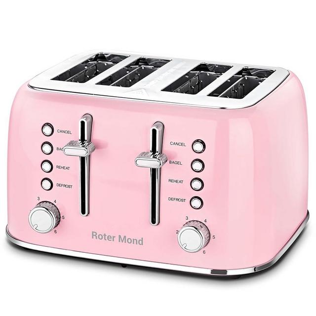 Roter Mond Toaster 4 Slice, Retro Stainless Steel Toaster with Extra Wide Slots Bagel, Defrost, Reheat Function, Dual Independent Control Panel, Removable Crumb Tray, 6 Browning Levels, Pink
