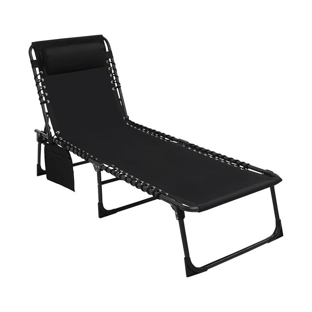 Yardenaler Foldable Chaise Lounge Chair with Detachable Pillow & Pocket, Outdoor Portable Tanning Chair with 4 Position Adjustable Back, Patio, Beach and Pool, Black