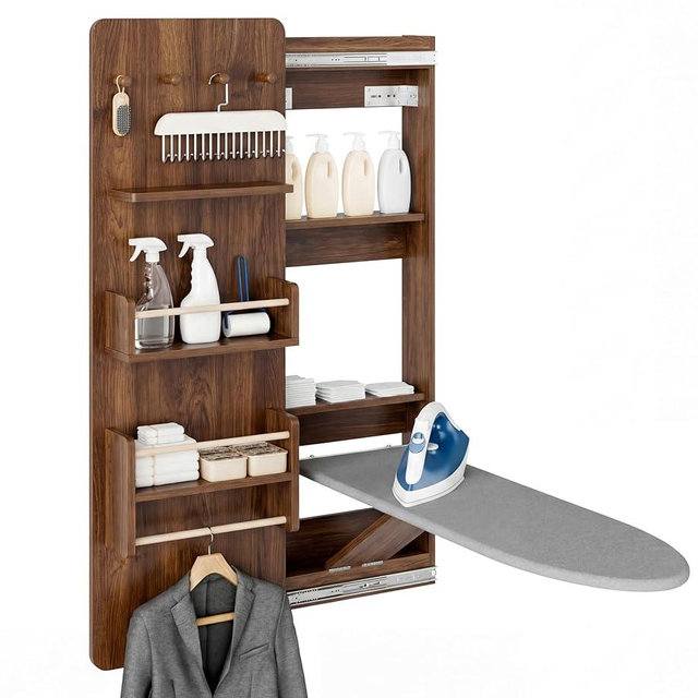 Kikihouse Wall Mounted Ironing Board Cabinet with Storage, Foldable Wall Ironing Board with Sliding Door, Wall Mount Space Saving Ironing Station for Laundry Room, Living Room, Entrance (Walnut)