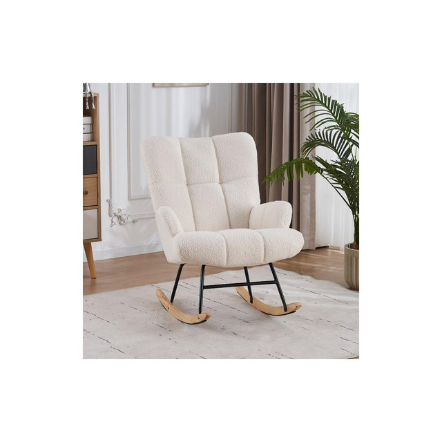 FERPIT Teddy Upholstered Wingback Rocking Accent Chair with Rubberwood Legs, White