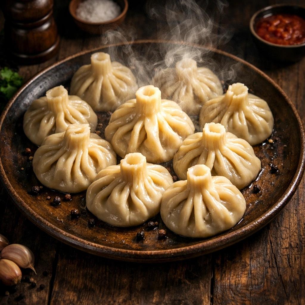 Khinkali: Large, twisted meat dumplings filled with a savory blend of spiced beef, pork, or lamb and a rich, hot broth.