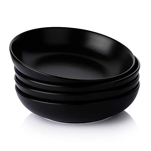 Teocera Porcelain Large Pasta Bowls, Salad Bowls Set, Wide and Shallow, 35 Ounce, Set of 4, Matte Black