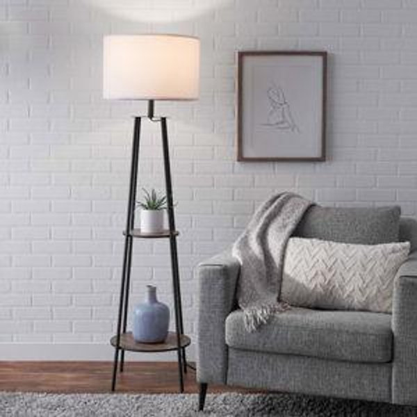 Mainstays Etagere 62" Matte Black Mid-Century Style Floor Lamp, with 2 Wood Shelves