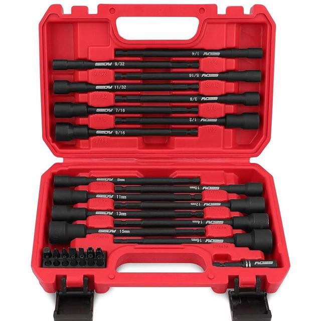 Nut Driver Impact Bit Set - 31-Piece Magnetic Socket Impact Drill Bit Tool Sets Extra Long Hex Nut Setter Driver Holder - Metric SAE Screwdriver Bits 1/4 Drive Shank Adapter Extension