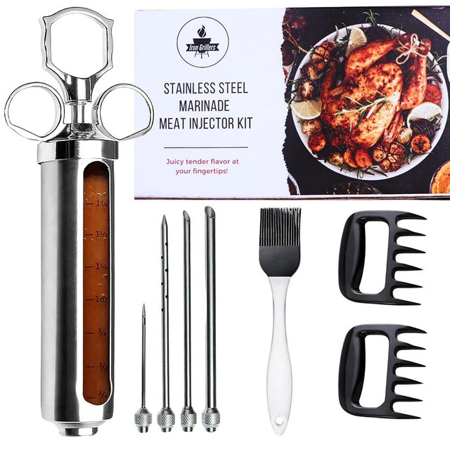 Professional Meat Injector Syringe Kit for Smoking & Grilling Turkey, Brisket, BBQ & More - Large 2 Oz Stainless Steel Capacity - Never Leaks or Clogs + Marinade Brush & Meat Shredder Claws