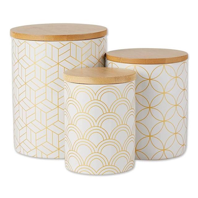 DII Kitchen Ceramics Collection, Canister Set, Mixed Print, White/Gold, 3 Piece