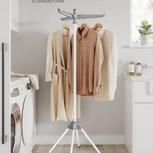 SONGMICS Clothes Drying Rack, 59-Inch Folding Laundry Drying Rack with 3 Rotatable Arms for Hangers, 4 Legs, Stainless Steel, for 27 Pieces of Clothes, Gray and White ULLR510G01