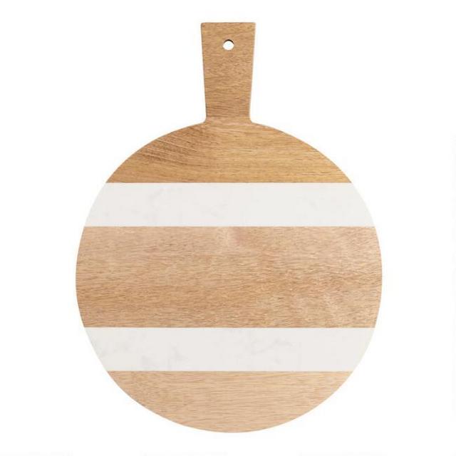 Small Round Wood and White Marble Paddle Cutting Board