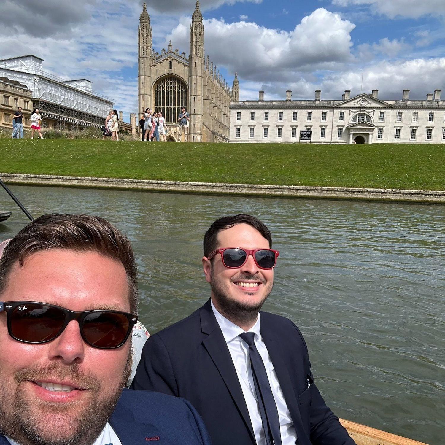 Cambridge is a lovely destination for a wedding. I thought they were joking when they said, "Okay, get in this gondola in your fancy suits." But no they were 100% serious about that.
