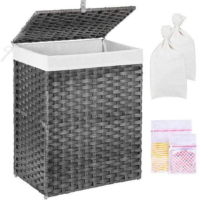 Greenstell Laundry Hamper with Lid, 90L Clothes Hamper with 2 Removable Liner Bags & 2 Mesh Laundry Bags, Handwoven Synthetic Rattan Laundry Basket for Clothes, Toys in Bathroom, Bedroom Grey