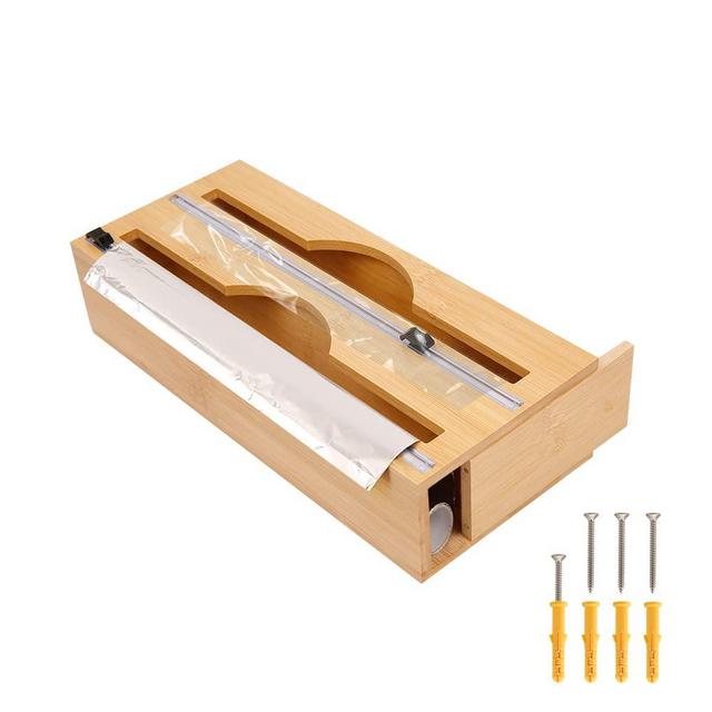 PRATIQUE Wrap Dispenser with Slide Cutter, Bamboo Wood Refillable Plastic Wrap Dispenser 2 Rolls Organizer Holder, for Plastic Wrap, Aluminum Foil, Wax Paper Dispenser