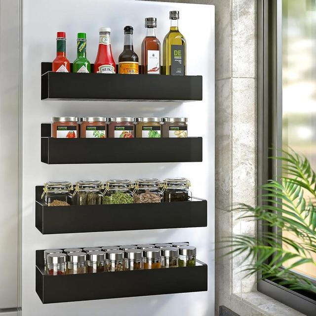 Hoenart 4 Pack Magnetic Spice Rack for Refrigerator, Moveable Magnetic Spice Organizer, Black Metal Strong Magnetic Shelf for Fridge and Microwave Oven, Space Saving for Kitchen