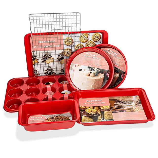 Rorence Nonstick Steel Bakeware Set: Cookie Sheet, Rectangular Cake Pan, 2 Round Cake Pans, Muffin Pan, Loaf Pan & Cooling Rack - Set of 7 - Red