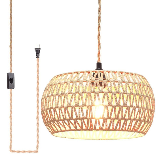 Garvot Plug in Pendant Light Rattan Hanging Lamp Pendant Light with on/Off Switch Rattan Woven Shade Hanging Lamp Plug in for Living Room Bedroom Farmhouse