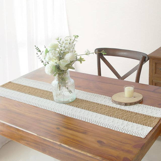FEXIA Boho Table Runner for Home Decor 48 Inches Long Farmhouse Rustic Table Runner Cream & Brown Macrame Table Runner for Boho Dining Bedroom Decor Rustic Bridal Shower (12x48 Inches)