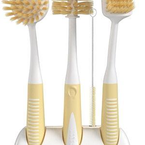 Dish Brush Set of 5 with Holder - Kitchen Scrub Brushes with Non-Slip Long Handle for Cleaning, Scrubber, Dishwashing, Dishes, Bottles, Straws, Cups, Pots & Sink, Baige