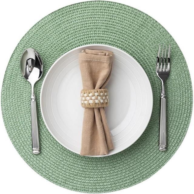 Baroyal Round Placemats Set of 6 Plastic Woven Placemats Washable Wipeable Table Mats for Dining Table Heat Resistant Non-Slip Circle Place Mats (Sage Green)