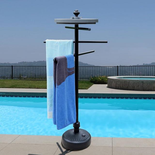 Outdoor Towel Rack with Storage Tray - 6 Arm Towel Rack for Pool, Hot Tub, or Outdoors
