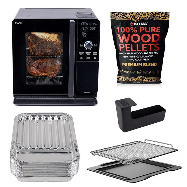 GE Profile™ Smart Indoor Pellet Smoker + Accessories Bundle, Includes Four 1lb Bag of Pellets, Pellet Strainer, 20-pack of Drip Pan Liners, and Prep Tray