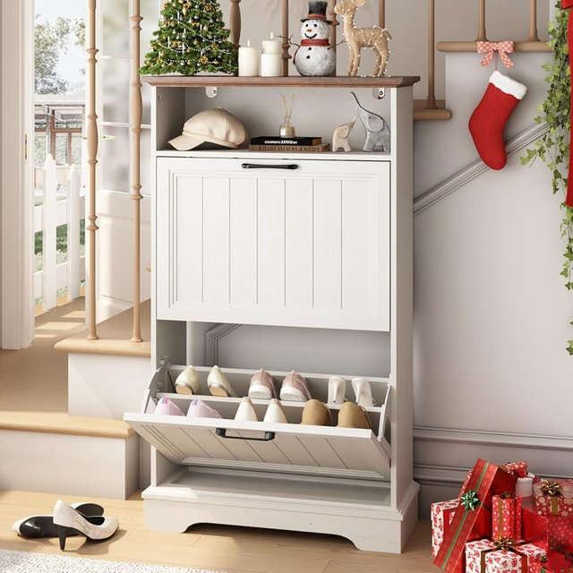 Shoe Storage Cabinet with 2 Flip Drawers, 24" W Farmhouse Modern Hidden Shoes Rack Cabinet with Adjustable Shelves & Open Storage, Narrow Slim Shoe Organizer for Entryway, Hallway, Antique White