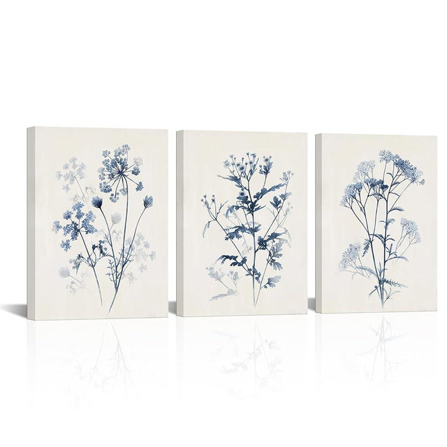 LoveHouse Blue and White Canvas Wall Art Blue Leaves Painting Prints Watercolor Blue Pictures for Bathroom Decor