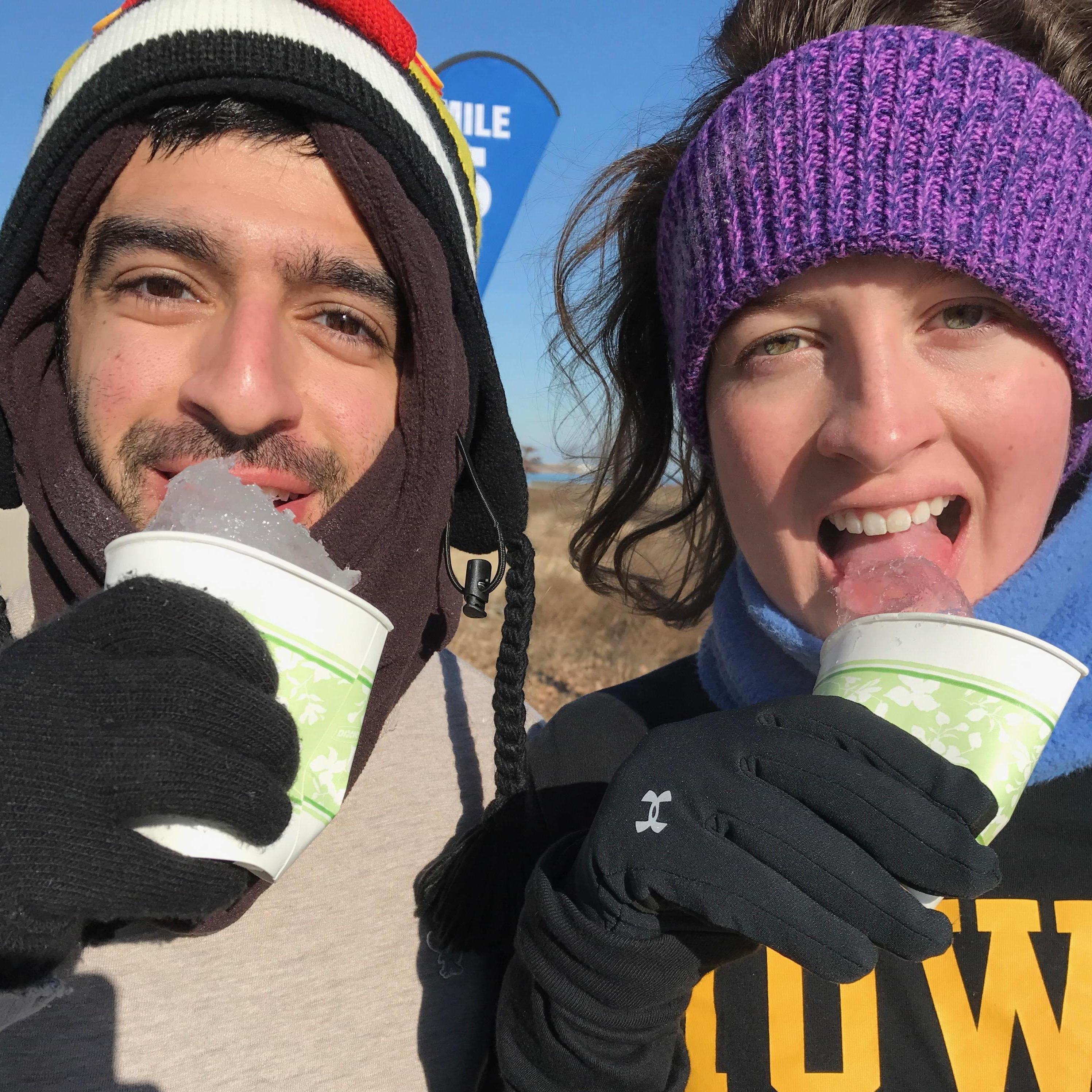Running a 10k. In Chicago. In the winter. The water froze by the time we got to it...